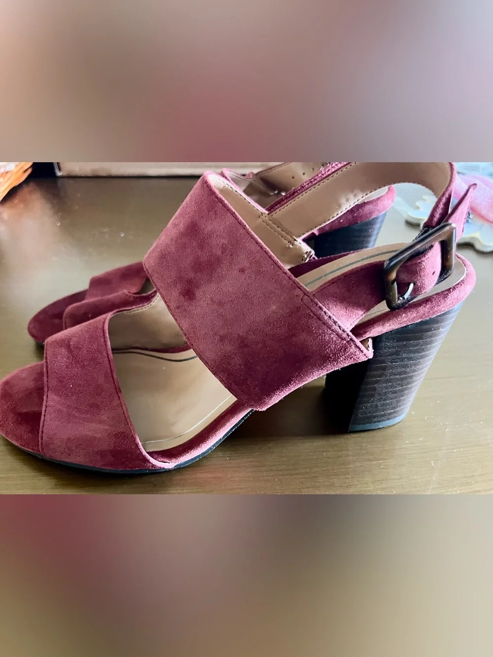 Vionic Burgundy Suede Block Heel Sandals